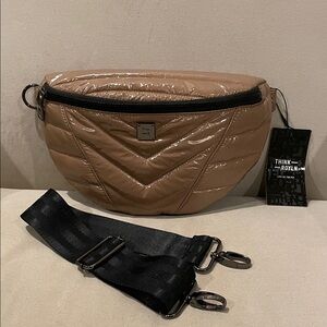 THINK ROYLN Quilted Patent Tan Belt Bag with Black Strap
